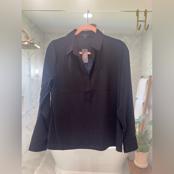 EXPRESS Black on Black Rhinestone Studded Collared Portofino Shirt Small - Picture 10 of 13
